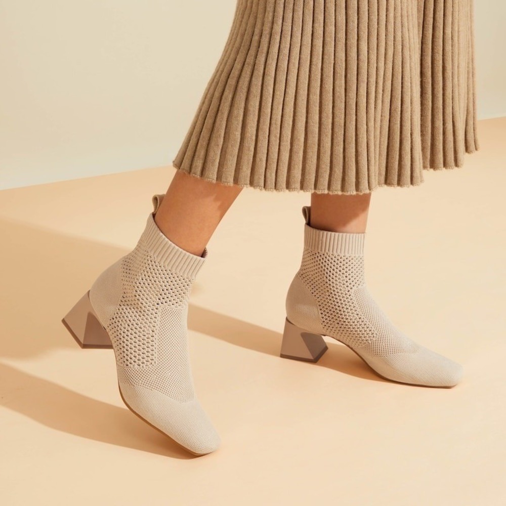 VIVAIA Knit Sock Boots, Square Heel Ankle Booties Neutral Beige, EU/36 US/5.5-6
